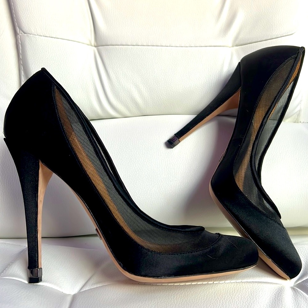 Black Satin and Mesh Pumps by Badgley Mischka 7